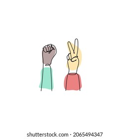 Multinational hands. The hand is clenched into a fist and the hand shows the sign of peace. Abstract one line vector illustration