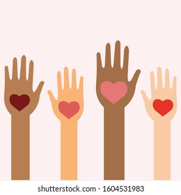 Multinational hands with hearts. Vector illustration.