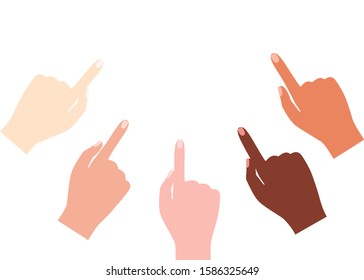 Multinational hands point finger in one direction. Indication, demonstration, promise. Vector illustration on white background