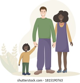 Multinational happy family. Husband European, wife Black woman, son with black skin holding his father's hand. The concept of peace, paternity, motherhood and happy childhood. Vector flat design
