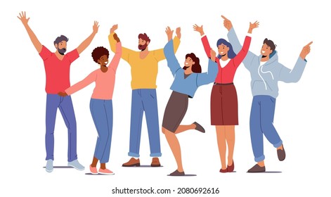 Multinational Happy People Raising and Waving Hands, Young Male and Female Characters in Casual Clothes Greeting Gesturing, Positive Friendly Gestures, Body Language. Cartoon Vector Illustration