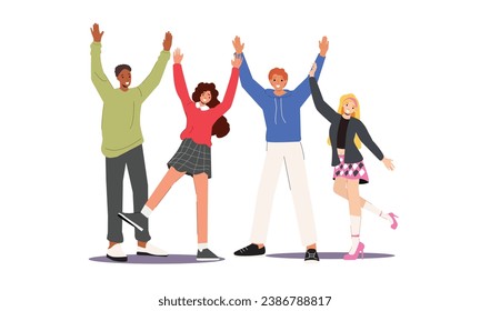 Multinational Happy People Raising and Waving Hands, Young Male and Female Characters in Casual Clothes Greeting Gesturing, Positive Friendly Gestures, Body Language. Cartoon Vector Illustration