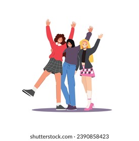 Multinational Happy People Raising and Waving Hands, Young Female Friends Characters in Casual Clothes Greeting Gesturing, Positive Friendly Gestures, Body Language. Cartoon Vector Illustration