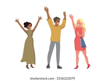 Multinational Happy People Raising and Waving Hands, Positive Friendly Gestures, Body Language. Cartoon Vector Illustration.