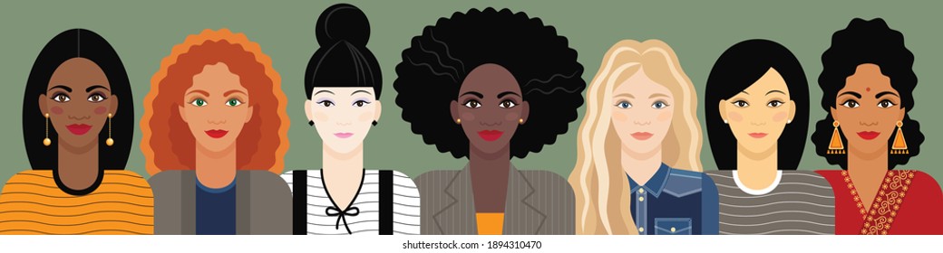 multi-national horizontal banner. young women of different races, skin colors and hair are drawn full-face in a flat cartoon style. seven characters. stock vector illustration, EPS 10.