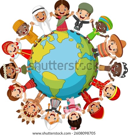 Multinational kids holding hands up in the air around the globe, Asian, European, African, American, 