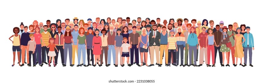 Multinational large group of people isolated on white background. Children, adults and teenagers stand together. Vector illustration 
