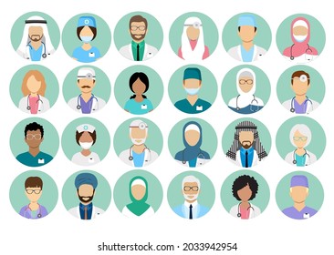 Сartoon multinational medical character avatars set. Circle icon with women men doctors medical uniform. Doctors and nurses profile vector icons. Surgeon and therapist, oculist, nutritionist avatars