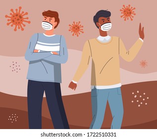 Multinationale Männer in Gesichtsmaske stehen im Zentrum der Ausbreitung von Virusinfektionen, fliegen Viruspathogen um sich herum. Jungen zeigen Stoppgesten der weltweiten Viruspandemie. Cartoon-Figuren in flachem Stil