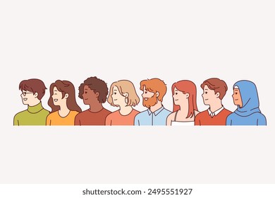 Multinational men and women of different races or religions stand in row, demonstrating unity and cohesion. Multinational guys and girls smiling, feeling proud or ready for cooperation