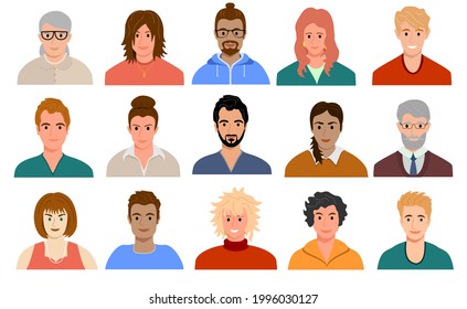 Multinational and mixed age people avatars. Portraits of diverse men and women of different races. Set of user profiles. Colored flat vector illustration