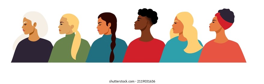 Multinational and multi-ethnic women. Women of different nationalities: Arabs, Africans, Asians, Slavs, Latin Americans. Banner international Women's Day. The struggle for rights, independence