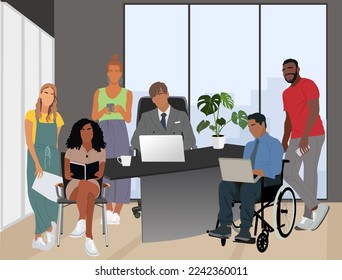 Equipo de negocios multinacional y multirracial trabajando juntos. Hombre discapacitado en silla de ruedas, hombres y mujeres jóvenes de diferentes etnias sentados y de pie en una oficina moderna. Ilustración vectorial realista