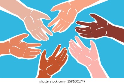 Multinational Palms. The Concept Of Unity, Equality And Friendship Of Peoples. A Call For Mutual Aid. Stock Vector Illustration.