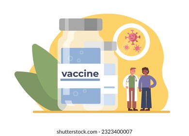 Multinational patient and doctor standing by huge vial of vaccine. Getting vaccinated against illness in hospital. Process of virus destruction. Boosting immune system health. Vector