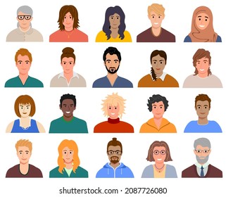 Multinational people avatars. Portraits of diverse men and women of different races. People icons of different ages. Set of user profiles. Colored flat vector illustration