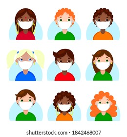 Multinationale Menschen Avatare in Schutzmaske Set. Charaktere mit unterschiedlichen Frisuren benutzen Online-Spielsymbole. Neue normale Gesundheitsversorgung. Stockvektorflache Cartoon-Illustration einzeln auf Weiß.