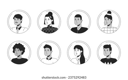 Multinational people black white cartoon avatar icons set. Young faces. Editable 2D character user portrait, linear flat illustrations pack. Vector face profiles. Outline people head and shoulders