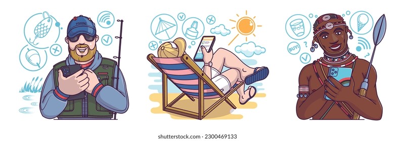 Multinational people in different places shop online. Fisherman chooses fishing tackle, woman on vacation chooses goods on sun lounger by sea, indian chooses musical products online vector set