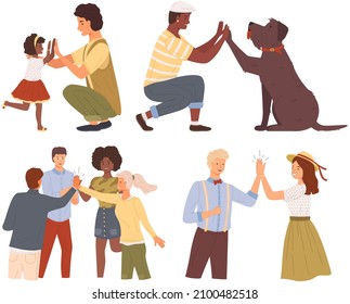 Gente multinacional dando cinco ilustraciones de alto rango. Hombre, mujer, niño y mascotas se saludan mutuamente. Los personajes dan cinco y se alegran. Feliz equipo durante la ilustración del vector de saludo