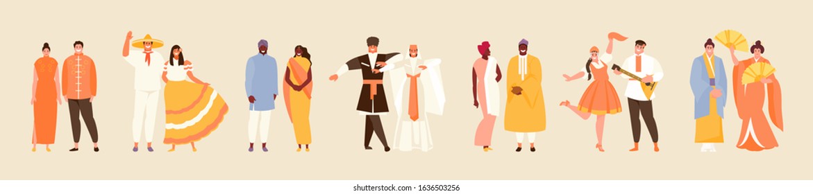 Multinational people group in traditional costumes. Chinese, Mexican, Indian, Georgian, African, Russian and Japanese culture