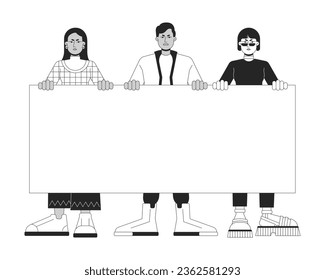 Multinational people holding blank poster flat line black white vector characters. March. Editable outline full body person. Protest simple cartoon isolated spot illustration for web graphic design