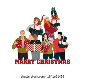 Multinational people with New Year gifts flat vector illustration. Funny cartoon characters preparing and receiving presents. Traditional winter holiday celebration. Secret Santa surprises unwrapping.