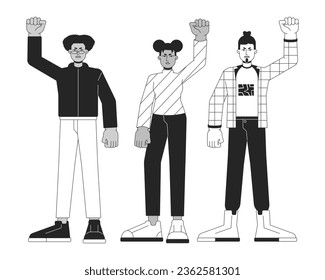 Multinationale Menschen friedliche Demonstration flache Linie schwarz-weiße Vektorgrafiken. Bearbeitbare Umrisslinie Ganzkörper Person. Protest einfache Cartoon-einzelne Spot-Illustration für Web-Grafik-Design