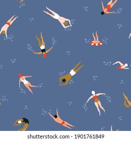 Multinational people swimming pattern. Summer seamless background. Summertime vector illustration with multinational swimmers drawing in flat design. 