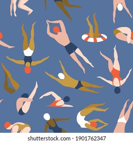 Multinational people swimming pattern. Summer seamless background. Summertime vector illustration with multinational swimmers drawing in flat design.