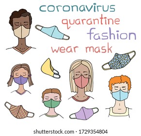 Multinational people wearing face masks. Hand drawn vector doodle man, woman, children in cloth medical masks. Coronavirus protection, disease prevention. Quarantine fashion. Stylish mask respirator