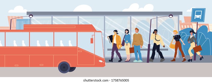 Multinational people without facial mask waiting vehicle at public transport station. Man woman character queue at bus stop. Office worker, student city dweller passengers entering to arrived motorbus