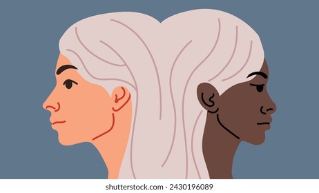 Multinational peoples portrait - black and light skinned girls. Еwo faces looking in opposite directions. Vector illustration in flat style.