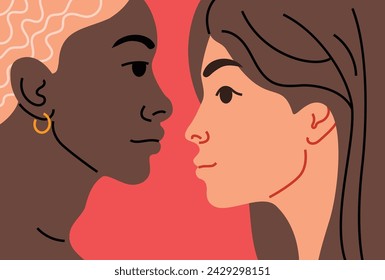 Multinational peoples portrait - black young man with earring and light skinned young woman. Two faces opposite each other. Vector flat illustration.