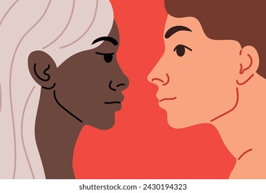 Multinational peoples portrait - black young woman and light skinned man. Two faces opposite each other. Vector flat illustration.