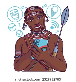 Multinational person holding smartphone and ordering cold drink and ice cream. Indian chooses summer food. Shopping online and delivery. Flat vector illustration in cartoon style