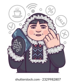Persona multinacional sostiene un smartphone y pide bebidas calientes. Yakut ordenando té en línea en internet. Compras en línea y entrega. Ilustración vectorial plana en estilo de dibujos animados