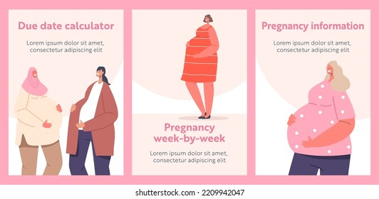 Pancartas de dibujos animados de chicas embarazadas multinacionales. Información sobre el embarazo en mujeres Semana a Semana, Maternidad. Madres con Gran Belly, personajes femeninos se preparan para la maternidad. Ilustración vectorial, afiches