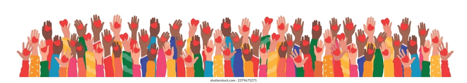 Multinational raised hands holding hearts, giving support, sharing compassion and hope with those in need.