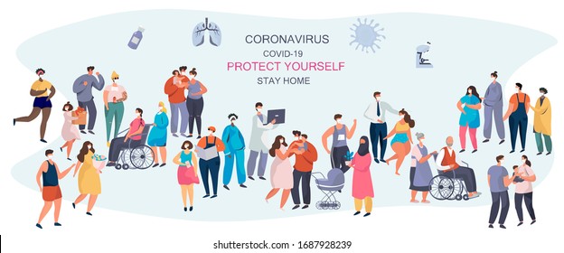 Multinational Society.Characters with Masks Keeping Distance for Decrease Infection Risk For Prevent Virus Covid-19.
Stay Home on Quarantine During the Coronavirus Epidemic.Vector Illustration
