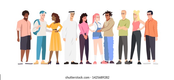 Multinational students group flat vector illustration. Multiracial community members cartoon characters. International cooperation. Racial tolerance and cultural diversity in globalized world