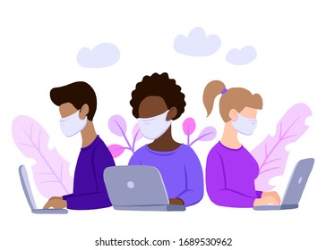 multinational team in face mask, online assistant at work. promotion in the network. remote work, searching ideas, solutions, working together on laptop in the company, quarantine from coronavirus