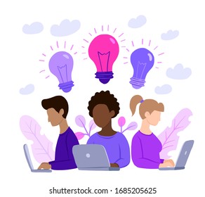 multinational team, online assistant at work. promotion in the network. managers at remote work searching for new ideas and solutions. People working together on laptop at company, brainstorming concept.