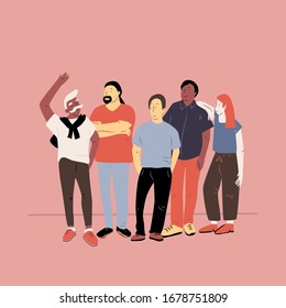 Multinational team. Vector illustration of diverse cartoon men and women