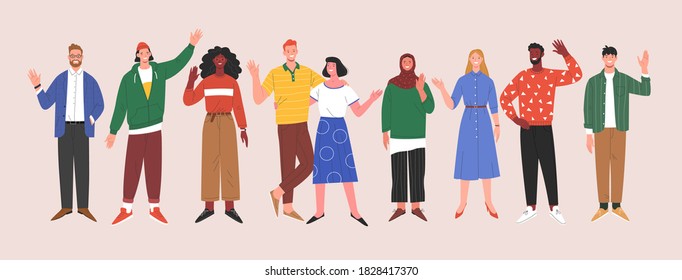 Multinational team. Vector illustration of diverse young adults standing in a line and waving their hands. Isolated on background