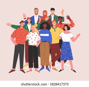 Multinational team. Vector illustration of diverse young adult people standing together  and waving their hands. Isolated on background