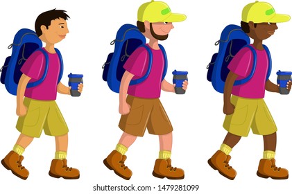 multinational tourists with backpacks and thermoses in their hands. vector and illustration