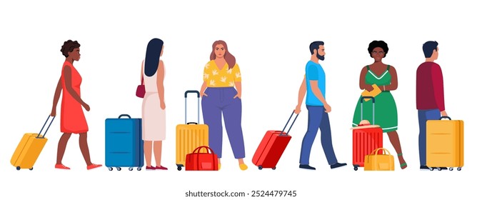 Multinational Travelers with baggage. Characters with suitcases and bags. Tourists group with suitcases. Traveling crowd with luggage. Concept for travel or lifestyle blogs. Vector Illustration