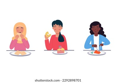 Multinational women African-American, hijab Muslim woman eating different food