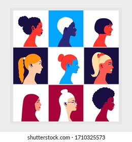 Multinational women avatars set. Young multi ethnic women in profile. Icons for social media. Fashion and beauty. Bright vector illustration in flat style. Cultural equality and religion diversity.